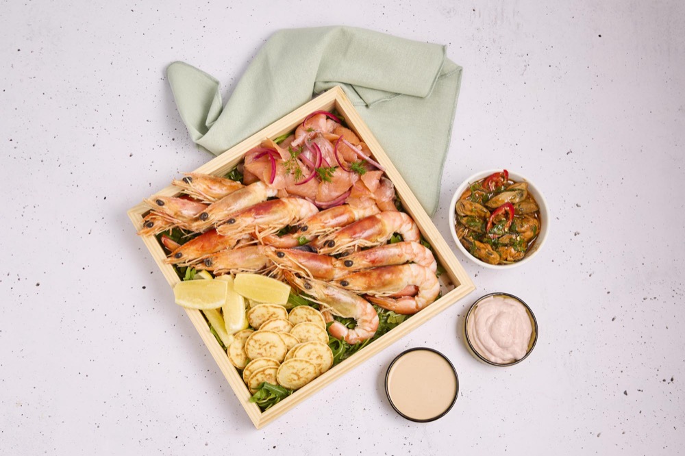 Premium Seafood Platter — king prawns, smoked salmon, mussels & blinis